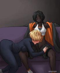 Rule 34 | 1futa, 1girl, blonde hair, blush, breast press, breasts, censored, closed eyes, clothed sex, clothes, couch, dark-skinned female, dark skin, dungeon and fighter, erection, fellatio, futa with female, futanari, interracial, large breasts, large penis, looking at viewer, medium breasts, medium hair, mosaic censoring, multiple girls, on couch, open mouth, oral, original, penis, sitting, testicles, umeyiyo