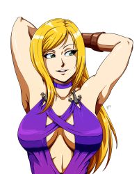 Rule 34 | 1girl, absurdres, armpits, arms behind head, arms up, blonde hair, breasts, choker, cleavage, dress, green eyes, highres, jenet behrn, large breasts, long hair, looking to the side, open mouth, purple dress, smile, snk, the king of fighters, the king of fighters xv