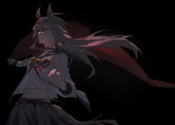 Rule 34 | 1girl, animal ears, black background, blush, breasts, cape, clenched hand, cowboy shot, floating hair, grey hair, grey skirt, groin, hair between eyes, hair ornament, highres, holding, holding cape, holding clothes, horse ears, horse girl, horse tail, jacket, long hair, long sleeves, looking at viewer, navel, neckerchief, oguri cap (umamusume), open mouth, outstretched arm, pipi (pierce cn), red neckerchief, sailor collar, shirt, skirt, small breasts, solo, tail, umamusume, white jacket, white shirt