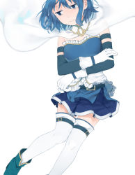 Rule 34 | 10s, 1girl, blue eyes, blue hair, boots, cape, crossed arms, gloves, magical girl, mahou shoujo madoka magica, mahou shoujo madoka magica (anime), matching hair/eyes, miki sayaka, short hair, solo, thighhighs, tsuduya (knt31), white background, white thighhighs