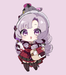 Rule 34 | 1girl, :d, bag, beret, black footwear, black skirt, blush, brown thighhighs, chibi, commentary request, dress, full body, garter straps, grey hat, hat, highres, holding, hyakumantenbara salome, hyakumantenbara salome (1st costume), juliet sleeves, long sleeves, looking at viewer, nijisanji, nozo (hitomiz), open mouth, parted bangs, pink background, pleated skirt, puffy sleeves, purple eyes, purple hair, red dress, shoes, short eyebrows, simple background, skirt, smile, solo, standing, thighhighs, virtual youtuber