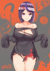 Rule 34 | 1girl, 2018, bandages, bare shoulders, black dress, black panties, breasts, cleavage, closed mouth, covered erect nipples, cowboy shot, dress, halloween, kuavera, large breasts, looking at viewer, miyako (kuavera), original, panties, purple eyes, purple hair, short hair, signature, sleeves past fingers, sleeves past wrists, smile, solo, standing, torn clothes, underwear