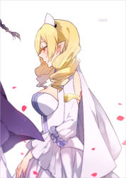 Rule 34 | 10s, 1boy, 1girl, aiwm, bad id, bad pixiv id, blonde hair, blush, breasts, cleavage, crowley eusford, curly hair, dress, from side, horn skuld, large breasts, long hair, out of frame, owari no seraph, pointy ears, profile, red eyes, solo focus, standing, white background, white dress