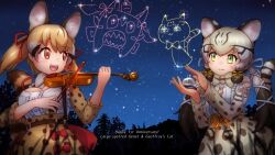 Rule 34 | 2girls, animal ears, anniversary, belt, bow, bow (music), bowtie, brown eyes, brown hair, cat ears, cat girl, cat tail, extra ears, geoffroy&#039;s cat (kemono friends), green eyes, grey hair, highres, holding, holding instrument, holding violin, instrument, kemono friends, kemono friends v project, large-spotted genet (kemono friends), long hair, multiple girls, ribbon, shirt, skirt, sky, star (sky), starry sky, suspenders, tail, twintails, violin, virtual youtuber, vostok (vostok061)