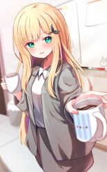 Rule 34 | 1girl, baram, black ribbon, black skirt, blonde hair, blurry, blurry background, blurry foreground, closed mouth, coffee, collared shirt, commentary request, cup, depth of field, green eyes, grey jacket, hair ornament, hair ribbon, hairclip, highres, holding, holding cup, indoors, jacket, long hair, mononobe alice, mug, nijisanji, open clothes, open jacket, ribbon, shirt, skirt, smile, solo, standing, steam, trash can, very long hair, virtual youtuber, white shirt, whiteboard