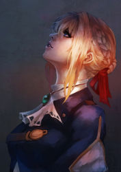 Rule 34 | 10s, 1girl, absurdres, blonde hair, blue eyes, blue jacket, braid, breasts, brooch, eyelashes, french braid, from side, hair intakes, hair ribbon, highres, jacket, jewelry, lips, looking up, makeup, mascara, monori rogue, nose, red ribbon, ribbon, short hair, solo, violet evergarden, violet evergarden (series), white neckwear