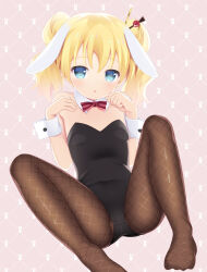 Rule 34 | 1girl, :o, alice cartelet, black leotard, blonde hair, blue eyes, bow, bowtie, breasts, covered navel, detached collar, female focus, highres, kin-iro mosaic, kurasawa kyoushou, leotard, looking at viewer, pantyhose, parted lips, playboy bunny, rabbit ears, red bow, red bowtie, small breasts, solo, strapless, strapless leotard, twintails, wrist cuffs
