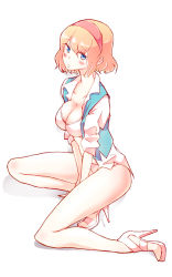 Rule 34 | 1girl, alice margatroid, arms between legs, bad id, bad pixiv id, blonde hair, blue eyes, blue shirt, blue vest, blush, bra, breasts, collar, collarbone, commentary request, frilled panties, frills, hairband, high heels, highres, long sleeves, looking at viewer, medium breasts, no pants, no toes, non (z-art), panties, pink hairband, red hairband, shirt, shoes, short hair, simple background, sitting, sleeves pushed up, solo, touhou, unbuttoned, unbuttoned shirt, underwear, vest, white background, white bra, white panties, white shirt, yokozuwari