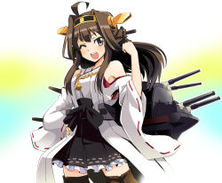 Rule 34 | 10s, 1girl, ;d, ahoge, bare shoulders, boots, brown hair, detached sleeves, double bun, hair ornament, hairband, hand on own hip, headgear, japanese clothes, kantai collection, kongou (kancolle), long hair, looking at viewer, nontraditional miko, one eye closed, open mouth, personification, ribbon-trimmed sleeves, ribbon trim, smile, solo, thigh boots, thighhighs, usoco, wink