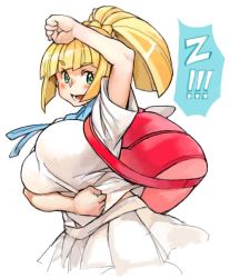 Rule 34 | !, !!, 1girl, :d, alternate breast size, bag, blonde hair, blunt bangs, blush, braid, breasts, creatures (company), game freak, green eyes, large breasts, lillie (pokemon), looking at viewer, nintendo, open mouth, pleated skirt, pokemon, pokemon sm, ponytail, sachito, school uniform, serafuku, short sleeves, simple background, skirt, smile, solo, white background, z-move