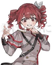 Rule 34 | 1girl, bow, commentary, dithering, drill hair, epaulettes, grey jacket, grey skirt, hair bow, hand on own chin, highres, inu totemo, jacket, kasane teto, kasane teto (sv), looking at viewer, pleated skirt, red eyes, red hair, skirt, smile, solo, teeth, twin drills, uniform, utau, white background, white bow