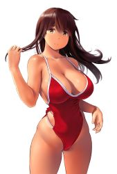 Rule 34 | 1girl, akagi (kancolle), bare shoulders, blush, breasts, brown eyes, brown hair, cleavage, closed mouth, collarbone, highleg, highleg swimsuit, highres, hip focus, holding, holding own hair, kantai collection, large breasts, long hair, looking at viewer, one-piece swimsuit, red one-piece swimsuit, revision, simple background, smile, solo, standing, straight hair, swimsuit, tan, thighs, wa (genryusui), white background