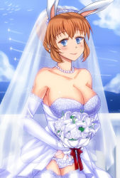 Rule 34 | 1girl, alternate hairstyle, animal ears, bare shoulders, blue eyes, blush, bouquet, breasts, bridal veil, charlotte e. yeager, cleavage, cloud, contrail, day, dress, earrings, elbow gloves, flower, frills, gloves, jewelry, komusou (jinrikisha), large breasts, necklace, orange hair, pearl necklace, rabbit ears, rabbit girl, ribbon, sky, smile, solo, strike witches, thighhighs, veil, wedding dress, world witches series