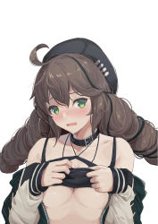 Rule 34 | 1girl, absurdres, ahoge, arknights, blush, braid, breasts, brown hair, choker, cuora (arknights), green eyes, green hair, hat, highres, long hair, looking at viewer, multicolored hair, open clothes, open mouth, shouyue, simple background, small breasts, solo, streaked hair, twin braids, underboob, upper body, white background