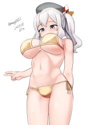 Rule 34 | 1girl, absurdres, bikini, blue eyes, breasts, dated, gold bikini, grey eyes, grey hair, highres, kantai collection, kashima (kancolle), large breasts, long hair, maru (marg0613), one-hour drawing challenge, side-tie bikini bottom, simple background, solo, standing, swimsuit, twintails, twitter username, wavy hair, white background