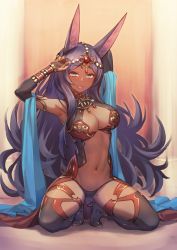 Rule 34 | 1girl, animal ears, armpits, bare shoulders, blue eyes, breasts, center opening, choker, dark skin, dark-skinned female, emoto reishi, fate/grand order, fate (series), groin, high heels, highres, jewelry, kneeling, large breasts, long hair, long sleeves, navel, open mouth, purple hair, queen of sheba (fate), solo, thighhighs, wavy mouth