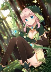 Rule 34 | 1girl, ahoge, bad id, bad pixiv id, black thighhighs, blue eyes, bow (weapon), breasts, bug, butterfly, cleavage, diten, dutch angle, female focus, forest, gloves, hood, hood up, hooded, hoodie, insect, long hair, looking at viewer, medium breasts, nature, original, outdoors, pink hair, sitting, solo, tears, thighhighs, weapon