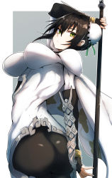 Rule 34 | 1girl, arm guards, ass, black bodysuit, black gloves, black hair, bodysuit, breasts, bun cover, cape, covered erect nipples, curvy, double bun, elbow gloves, fate/grand order, fate (series), fingerless gloves, gin moku, gloves, green eyes, green ribbon, hair bun, hair ribbon, highres, holding, holding polearm, holding spear, holding weapon, jewelry, large breasts, looking at viewer, neck ring, polearm, qin liangyu (fate), ribbon, sidelocks, solo, spear, thighs, unaligned breasts, weapon, white bodysuit, white cape, yellow eyes