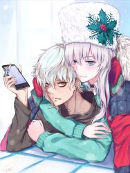 Rule 34 | 1boy, 1girl, anastasia (fate), anastasia (shvibzik snow) (fate), arm up, black choker, blouse, blue eyes, brown eyes, brown shirt, cellphone, choker, closed mouth, collared shirt, commentary request, ear piercing, fate/grand order, fate (series), fingernails, fur-trimmed jacket, fur hat, fur trim, green sweater, grey hair, gurifu, hair between eyes, hat, hat ornament, highres, holding, holding phone, jacket, jacket on shoulders, kadoc zemlupus, long sleeves, looking at viewer, neck piercing, open clothes, open jacket, papakha, parted lips, phone, piercing, red jacket, shirt, smile, sweater, ushanka, white hat, white shirt