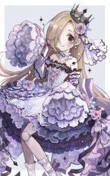 Rule 34 | 1girl, alternate costume, animal print, asymmetrical bangs, bare shoulders, bat print, blonde hair, blush, cross-laced clothes, crown, detached sleeves, doll joints, dress, earrings, flat chest, flower, flower ornament, frilled dress, frills, hair flower, hair ornament, hair over one eye, highres, idolmaster, idolmaster cinderella girls, jewelry, joints, long bangs, long hair, looking at viewer, mini crown, necklace, one eye covered, pearl earrings, pearl necklace, purple dress, red eyes, rose, see-through, see-through socks, shirasaka koume, shirosaki london, simple background, sleeves past fingers, sleeves past wrists, smile, socks, solo, sparkle, strapless, strapless dress, tilted headwear, two-tone background, very long hair, white socks, wide sleeves