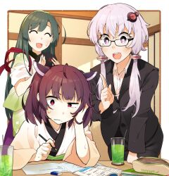 Rule 34 | + +, 3girls, ^ ^, absurdres, ahoge, alternate costume, arm support, black suit, blade, blush, border, brown hair, closed eyes, collared shirt, commentary request, commission, confused, drink, drinking straw, formal, glasses, green hair, grimace, hair ornament, hairband, hand on own head, headgear, highres, holding, holding pencil, holding tray, homework, index finger raised, indoors, japanese clothes, kimono, konori (ahurerukuiizi), leaning forward, leaning on table, light purple hair, long hair, looking at another, multiple girls, nervous, nervous smile, notebook, open mouth, outside border, pencil, pencil case, popped collar, purple eyes, raised eyebrow, red eyes, shirt, short hair, short hair with long locks, skeb commission, smile, suit, sweat, sweatdrop, table, tasuki, textbook, touhoku kiritan, touhoku zunko, tray, tutor, twintails, uneven eyes, v-shaped eyebrows, vocaloid, voiceroid, white border, white kimono, white shirt, wide sleeves, yellow hairband, yuzuki yukari