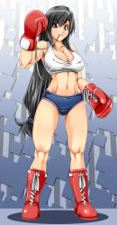 Rule 34 | 1990s (style), 1girl, abs, alop-net, arm up, armpits, bad id, bad pixiv id, black eyes, black hair, boots, boxing, boxing gloves, breasts, buruma, cleavage, collarbone, covered erect nipples, female focus, final fantasy, final fantasy vii, gloves, hairband, highres, large breasts, legs, long hair, midriff, mouth hold, muscular, navel, shadow, shirt, sleeveless, solo, standing, tank top, taut clothes, taut shirt, tifa lockhart, very long hair