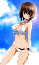 Rule 34 | 10s, 1girl, bikini, breasts, brown eyes, brown hair, cleavage, cloud, criss-cross halter, day, girls und panzer, halterneck, highres, island (kossori), large breasts, lens flare, looking at viewer, navel, nishizumi maho, shiny skin, short hair, sky, solo, swimsuit