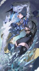 Rule 34 | 1girl, absurdres, arms up, ass, back cutout, black hairband, blue cape, blue hair, blue necktie, bodystocking, boots, cape, closed eyes, clothing cutout, crystal sword, eula (genshin impact), genshin impact, gloves, greatsword, hairband, high-waist shorts, highres, ice, ice crystal, ki (kai oekakikun), medium hair, multicolored cape, multicolored clothes, necktie, parted lips, shorts, sword, thigh boots, thighs, vision (genshin impact), weapon, white sleeves, wide sleeves