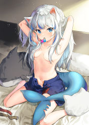 Rule 34 | 1girl, absurdres, animal ears, armpits, blue eyes, blue hair, blue skirt, blunt bangs, cat ears, dot nose, dressing, fins, fish tail, gawr gura, gawr gura (casual), hair censor, highres, hitsuji (sheep tamura), hololive, hololive english, long hair, looking at viewer, mouth hold, multicolored hair, navel, open clothes, open skirt, shark tail, sitting, skirt, solo, streaked hair, tail, topless, virtual youtuber, wariza, white hair