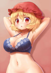 Rule 34 | 1girl, :o, aki minoriko, arinu, armpits, arms behind head, arms up, blonde hair, blue bra, blush, bra, breasts, chestnut mouth, cleavage, collarbone, commentary request, hair between eyes, hat, highres, large breasts, looking at viewer, mob cap, navel, parted lips, red eyes, red hat, short hair, solo, touhou, underwear, upper body