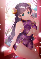 Rule 34 | 1girl, absurdres, blue eyes, blush, breasts, bun cover, china dress, chinese clothes, cleavage, cleavage cutout, clothing cutout, commentary request, double bun, dress, head tilt, highres, kazepana, large breasts, long hair, looking at viewer, love live!, love live! school idol project, purple dress, purple hair, short dress, sitting, smile, solo, tojo nozomi, very long hair