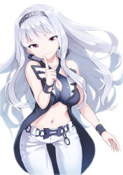 Rule 34 | 1girl, bare shoulders, breasts, cleavage, cleavage cutout, clothing cutout, hairband, idolmaster, idolmaster (classic), large breasts, long hair, looking at viewer, midriff, mofu (mof swimradio), navel, pants, purple eyes, shijou takane, silver hair, simple background, smile, solo, tsurime, wristband