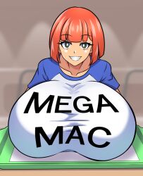 Rule 34 | 1girl, black eyes, blurry, blurry background, breast rest, breasts, clothes writing, codeorange162, english text, eyelashes, female focus, grin, highres, huge breasts, looking at viewer, mature female, mcdonald&#039;s, mega milk, meme attire, mother (yoru mac), orange hair, product girl, short hair, smile, solo, taut clothes