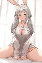 Rule 34 | 1girl, animal ears, bare shoulders, breasts, cccpo, cleavage cutout, clothing cutout, collarbone, curtains, grey eyes, grey hair, grey shirt, heart cutout, jewelry, large breasts, long hair, long sleeves, looking at viewer, low twintails, open mouth, original, pendant, rabbit ears, shirt, sitting, solo, thighs, twintails