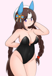 Rule 34 | 1girl, absurdres, alternate costume, animal ears, arm up, bare legs, bare shoulders, black leotard, blush, braid, breasts, brown hair, cleavage, commentary request, cowboy shot, ear covers, ear ornament, gradient background, highleg, highleg leotard, highres, hokko tarumae (umamusume), horse ears, horse girl, horse tail, large breasts, leotard, long hair, low twin braids, mintia1911, multicolored hair, nontraditional playboy bunny, solo, strapless, strapless leotard, streaked hair, tail, twin braids, umamusume, very long hair, white hair