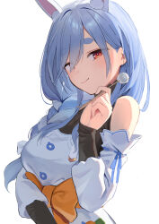 Rule 34 | 1girl, absurdres, animal ear fluff, animal ears, black bodysuit, blue hair, blush, bodysuit, bow, braid, braided ponytail, breasts, carrot in pocket, commentary request, cotton swab, detached sleeves, dress, extra ears, hair bow, hair over one eye, hand up, highres, holding cotton swab, hololive, large bow, large breasts, long hair, looking at viewer, mature female, mimikaki, multicolored hair, orange bow, pekomama, rabbit-shaped pupils, rabbit ears, rabbit girl, short eyebrows, shumpi, simple background, smile, solo, streaked hair, symbol-shaped pupils, thick eyebrows, upper body, virtual youtuber, white background, white dress, white hair