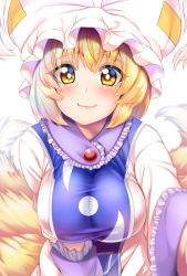 Rule 34 | 1girl, animal ears, animal hat, blonde hair, blurry, blush, breasts, depth of field, dress, fang, foreshortening, fox ears, fox tail, frills, hat, large breasts, mob cap, multiple tails, mob cap, short hair, simple background, smile, solo, tabard, tail, touhou, upper body, white background, white dress, wildcat (kusonemi), yakumo ran, yellow eyes