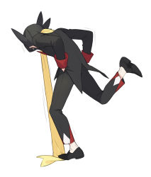 Rule 34 | 1boy, bad id, bad twitter id, black footwear, black hair, black jacket, black pants, commentary request, creatures (company), elite four, full body, game freak, grimsley (pokemon), hands in pockets, jacket, leaning forward, leg up, long sleeves, male focus, mongguri, nintendo, pants, pokemon, pokemon bw, scarf, shoes, solo, spiked hair, standing, standing on one leg, white background, yellow scarf