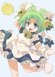 Rule 34 | 1girl, :d, animal hands, animal hat, apron, bell, cat hat, cat tail, dejiko, di gi charat, gloves, green hair, hair bell, hair ornament, hat, jingle bell, looking at viewer, maid, maid apron, mittens, open mouth, paw gloves, paw shoes, short hair, simple background, smile, solo, tail, tororo (toriaezu), white apron, white background, white footwear, white mittens