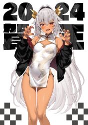 Rule 34 | 1girl, 2024, bare shoulders, black jacket, breasts, china dress, chinese clothes, cleavage cutout, clothing cutout, covered navel, dark-skinned female, dark skin, dragon girl, dragon horns, dragon print, dragon tail, dress, enjo kouhai, fingernails, gold trim, grey hair, hair intakes, highres, horns, jacket, long hair, long sleeves, looking at viewer, off shoulder, open clothes, open jacket, panties, pelvic curtain, print dress, red eyes, red nails, sharp fingernails, short dress, side-tie panties, side-tie peek, skindentation, sleeveless, sleeveless dress, small breasts, smile, solo, string panties, tail, takunomi, teeth, thighs, underwear, ursula (takunomi), very long hair, white hair
