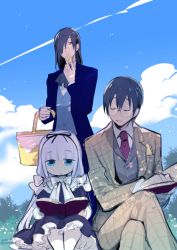 Rule 34 | 1girl, 2boys, alternate costume, blue eyes, blue sky, book, bow, cloud, commentary request, cookie, ascot, day, dress, eating, closed eyes, fafnir (maidragon), food, formal, glasses, hair over one eye, hair ribbon, hairband, jitome, kanna kamui, kobayashi-san chi no maidragon, crossed legs, light purple hair, low twintails, monocle, multiple boys, necktie, open book, open mouth, picnic basket, reading, red eyes, red neckwear, ribbon, round eyewear, shatou (c-com), sky, suit, takiya makoto, tweed, twintails, twitter username, white bow