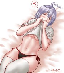 Rule 34 | 1girl, ahoge, bed sheet, blush, borrowed character, breasts, character request, clothes lift, covered mouth, dated, heart, heterochromia, lying, navel, on back, original, panties, purple hair, shirt, shirt lift, short hair, side-tie panties, solo, spoken heart, stomach, t-shirt, taikyokuturugi, thighhighs, toned, underboob, underwear, white thighhighs
