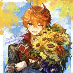 Rule 34 | 1boy, black gloves, blue eyes, blue flower, blush, bouquet, cloud, dated, day, flower, genshin impact, gloves, hair between eyes, happy birthday, highres, holding, holding bouquet, looking at viewer, male focus, mask, mask on head, one eye closed, open mouth, orange hair, outdoors, red flower, red mask, sky, solo, sunflower, tartaglia (genshin impact), tgf pic, twitter username, upper body, white flower, yellow flower