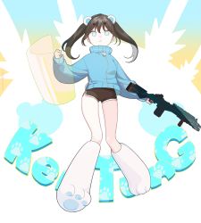 Rule 34 | 1girl, absurdres, apex legends, black hair, black shorts, blue eyes, blue jacket, dong mei (kentung), energy barrier, energy shield, expressionless, g7 scout, gun, highres, holding, holding gun, holding weapon, jacket, looking at viewer, original, paw shoes, qia li, rifle, shorts, solo, twintails, weapon, white footwear