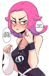 Rule 34 | 1girl, armband, bare shoulders, blush, collarbone, cowboy shot, creatures (company), embarrassed, eyebrows, from side, game freak, hair flaps, twirling hair, hard-translated, hat, highres, inarou (rakugakiproject), jewelry, long hair, looking away, mask, nintendo, no mask, npc trainer, open mouth, pendant, pink eyes, pink hair, pokemon, pokemon sm, simple background, skullcap, solo, team skull, team skull grunt, text focus, thick eyebrows, third-party edit, translated, unworn hat, unworn headwear, unworn mask, white background