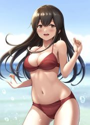 Rule 34 | 1girl, akagi (kancolle), bad id, bad twitter id, bikini, blush, breasts, brown eyes, brown hair, bubble, cleavage, collarbone, commentary request, gluteal fold, highres, ichikawa feesu, kantai collection, large breasts, long hair, navel, open mouth, red bikini, solo, swimsuit, thighs, water drop