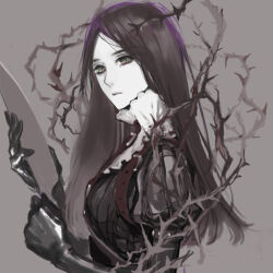 Rule 34 | 1girl, alice: madness returns, alice liddell (american mcgee&#039;s alice), american mcgee&#039;s alice, american mcgee's alice, black eyes, black gloves, black hair, closed mouth, dress, gloves, greyscale, knife, kurayoshi, long hair, looking at viewer, monochrome, simple background, solo, weapon