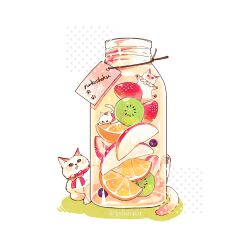 bottle cat drink food food_focus fruit hakuchizu in_bottle in_container jar kiwi_(fruit) kiwi_slice no_humans orange_(fruit) orange_slice original simple_background undersized_animal white_background