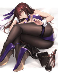 Rule 34 | 1girl, animal ears, bottle, bow, bowtie, breasts, cup, detached collar, drinking glass, fake animal ears, fake tail, fate/grand order, fate (series), hair intakes, high heels, large breasts, leotard, long hair, lying, menu, official alternate costume, on side, pantyhose, parfaitlate, playboy bunny, purple hair, rabbit ears, rabbit girl, rabbit tail, red eyes, scathach (fate), scathach (piercing bunny) (fate), smile, solo, tail, wine bottle, wine glass, wrist cuffs