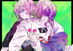 Rule 34 | 2boys, amemura ramuda, black border, black choker, black jacket, blue eyes, border, candy, choker, closed mouth, collared shirt, dual persona, food, green background, holding, holding candy, holding food, holding lollipop, hug, hug from behind, hypnosis mic, jacket, lollipop, long sleeves, looking at viewer, male focus, multiple boys, pink hair, pink sweater, shirt, short hair, sweater, tenni noboru, white shirt